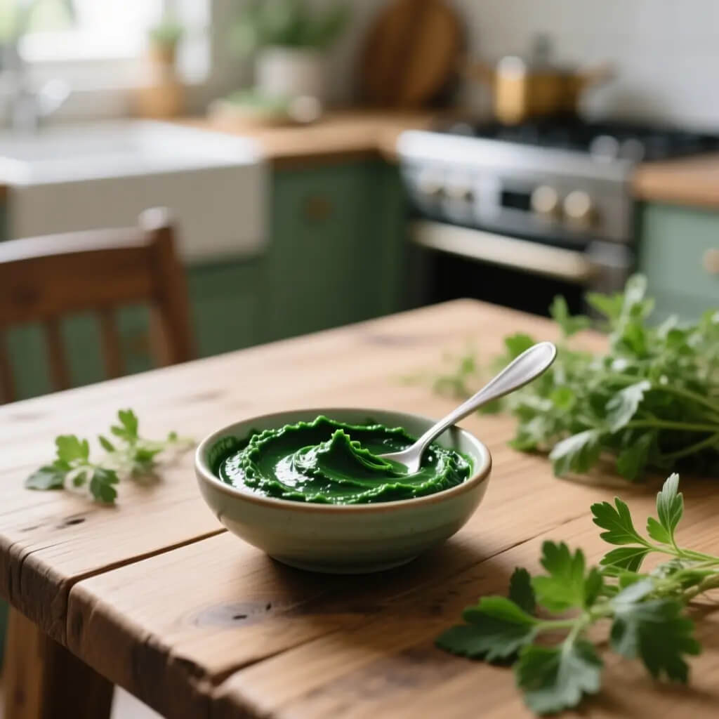 Wegańska pasta z chlorelli i spiruliny w miseczce z dodatkiem świeżych ziół