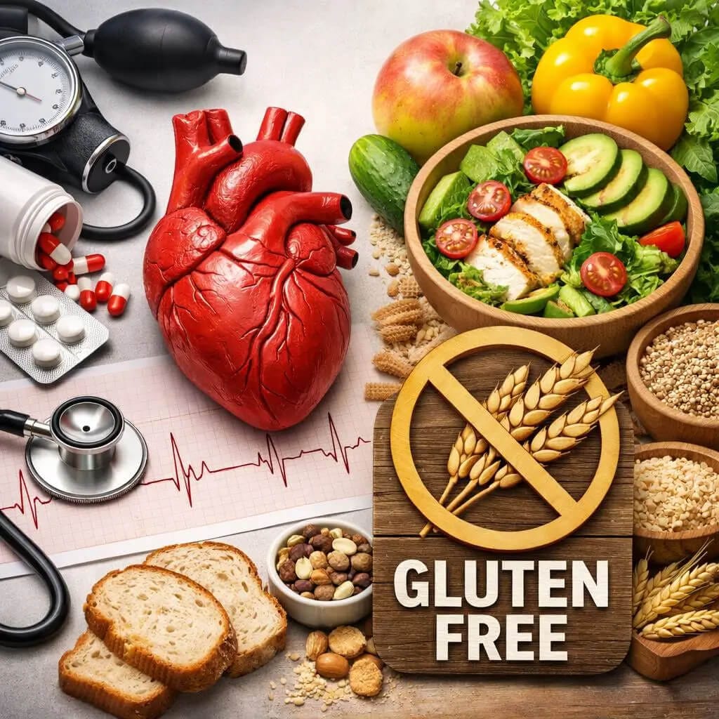 Na ilustracji widoczny jest kontrast pomiędzy aspektami zdrowia serca a dietą bezglutenową. Po lewej stronie znajduje się realistyczny model anatomicznego serca, elektrokardiogram, leki oraz ciśnieniomierz, natomiast po prawej stronie prezentowane są świeże produkty bezglutenowe, takie jak sałatki, komosa ryżowa, owoce i symbol „bez glutenu”. Całość ukazuje zrównoważone podejście do zdrowia i diety.