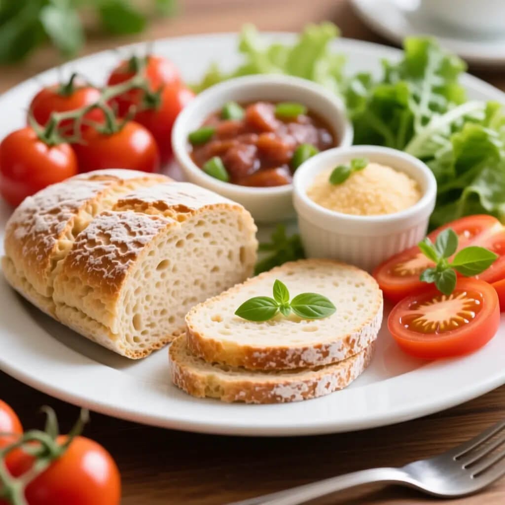 Bezglutenowy chleb na talerzu z dodatkami: świeże pomidory, liście sałaty, bazylia oraz delikatne pasty warzywne, lekkostrawny posiłek polecany przy zespole jelita drażliwego i diecie wspierającej zdrowe jelita.