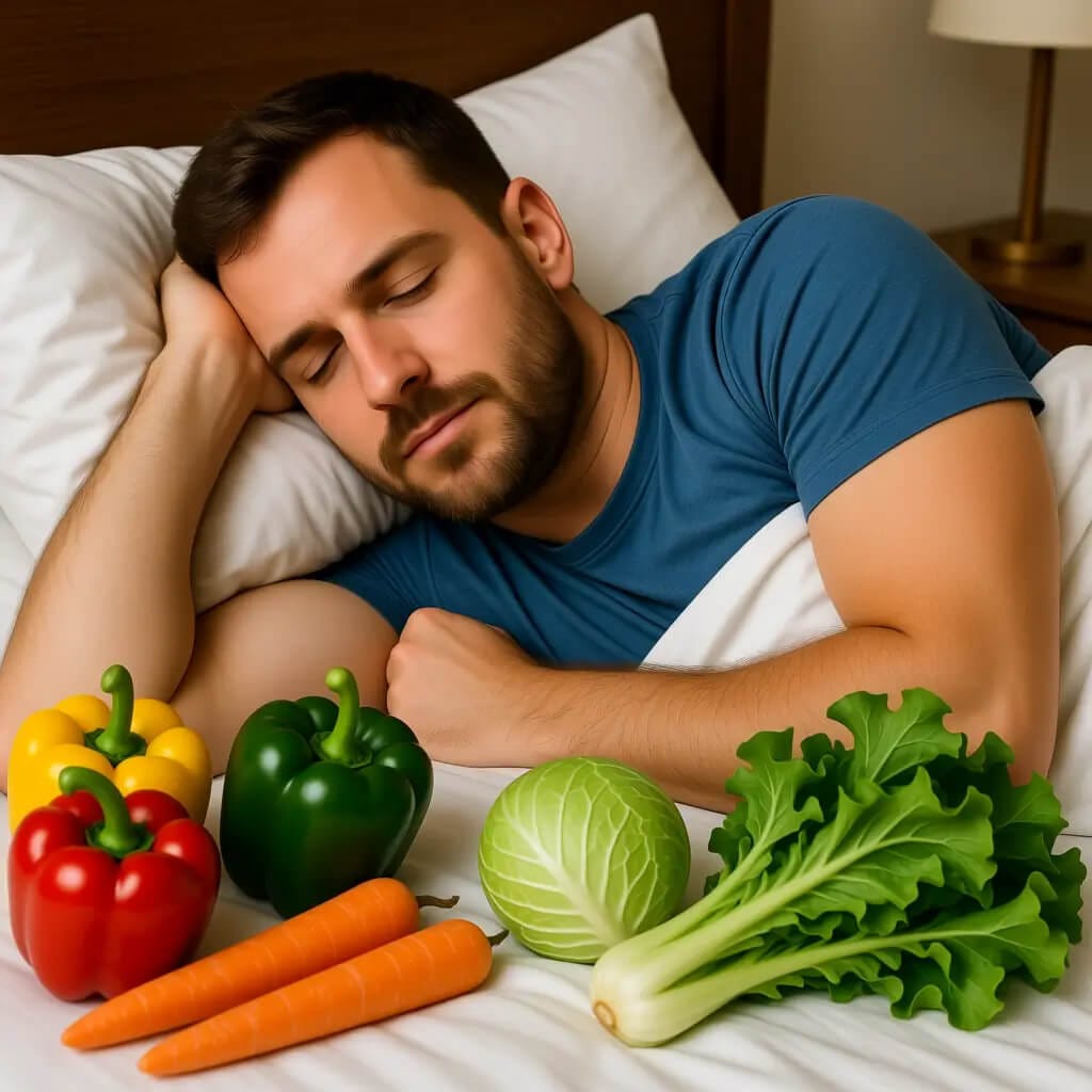 Mężczyzna śpi spokojnie w łóżku, obok niego leżą świeże warzywa: papryka, marchew, kapusta i sałata. Obraz symbolizuje związek między dietą roślinną, regeneracją organizmu, produkcją melatoniny oraz jakością snu u osób stosujących wegetarianizm i zdrowy styl życia.