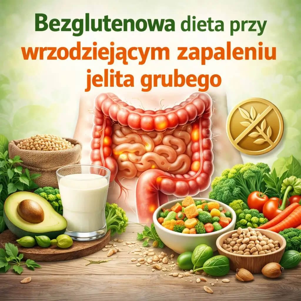 Bezglutenowa dieta przy wrzodziejącym zapaleniu jelita grubego – ilustracja jelita grubego otoczonego bezglutenowymi produktami roślinnymi. Bezglutenowa dieta przy WZJG