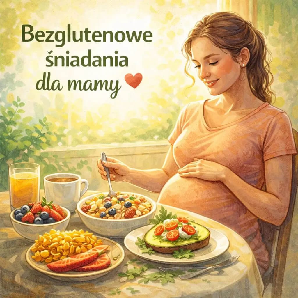 Bezglutenowe śniadanie dla mamy – ciężarna kobieta przy stole z kolorowymi, zdrowymi potrawami bez glutenu w artystycznym stylu bezglutenowe śniadania dla mamy