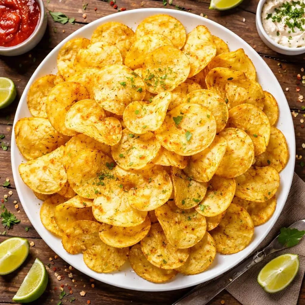 Talerz z bezglutenowymi chipsami ziemniaczanymi Schär Curvies widziany z góry, chrupiące plastry ziemniaka bez glutenu podane jako prosta przekąska