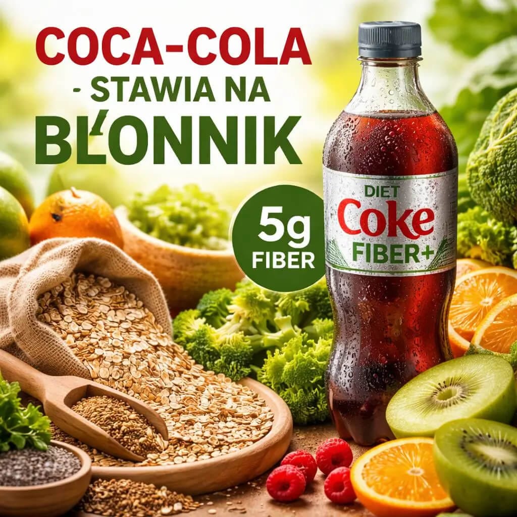 Coca-Cola stawia na błonnik – butelka Diet Coke Fiber+ otoczona produktami bogatymi w błonnik, takimi jak płatki owsiane, owoce i warzywa.