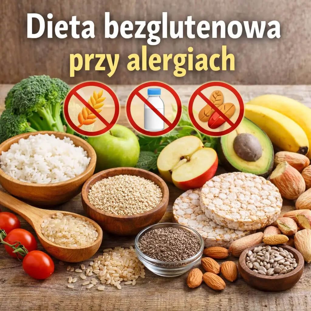 Zdrowe bezglutenowe produkty przy alergiach pokarmowych: ryż, quinoa, warzywa, owoce i nasiona – bez glutenu, mleka i orzechów