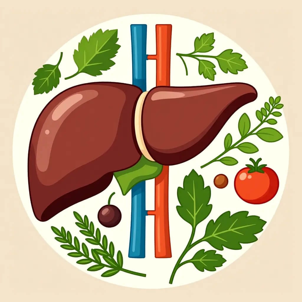 Ilustracja przedstawiająca anatomiczny model ludzkiej wątroby otoczony świeżymi warzywami i ziołami, takimi jak pomidor, jagody i liście roślin, symbolizująca regenerację wątroby poprzez dietę roślinną. Dieta bezglutenowa przy chorobach wątroby