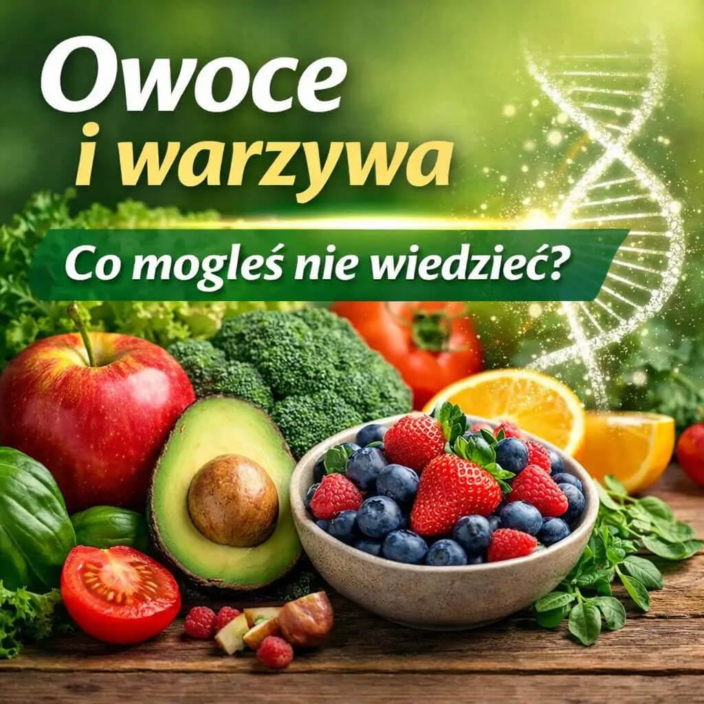Owoce i warzywa: jabłko, awokado, brokuły, pomidory, jagody i truskawki.