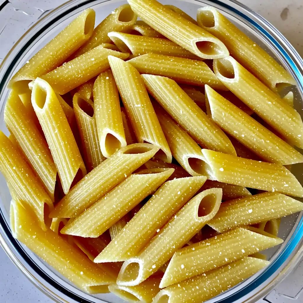 Ugotowany makaron bezglutenowy typu penne – przykład wysokiej jakości makaronu gluten free z kukurydzy lub ryżu, odpowiedni dla osób na diecie bezglutenowej, z celiakią oraz w diecie roślinnej
