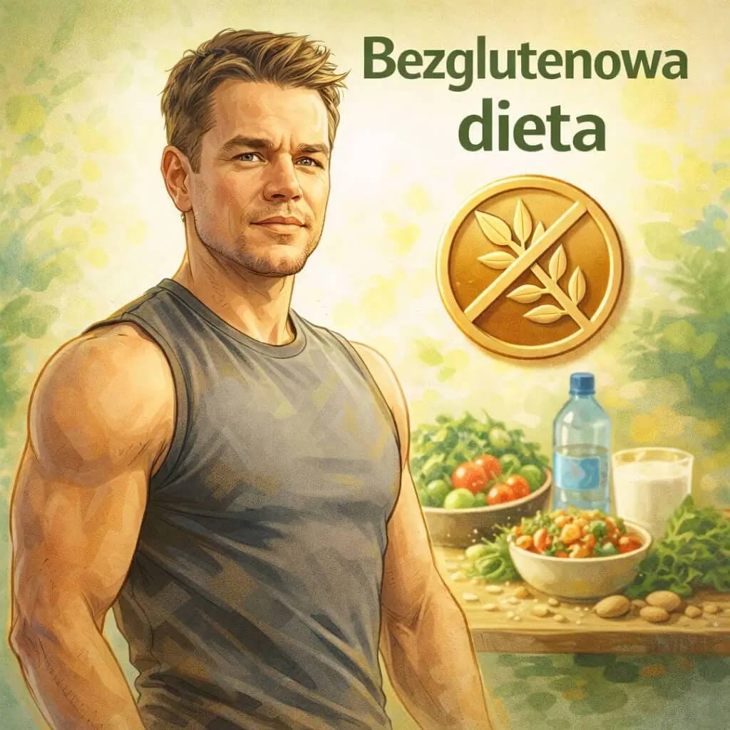 Ilustracja artystyczna inspirowana wizerunkiem aktora Matta Damona, nawiązująca do tematu diety bezglutenowej i przygotowań do roli filmowej