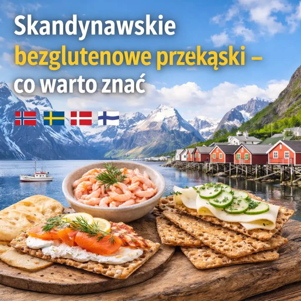 Skandynawskie bezglutenowe przekąski na tle fiordu – chrupkie pieczywo, łosoś, krewetki i sery charakterystyczne dla kuchni nordyckiej