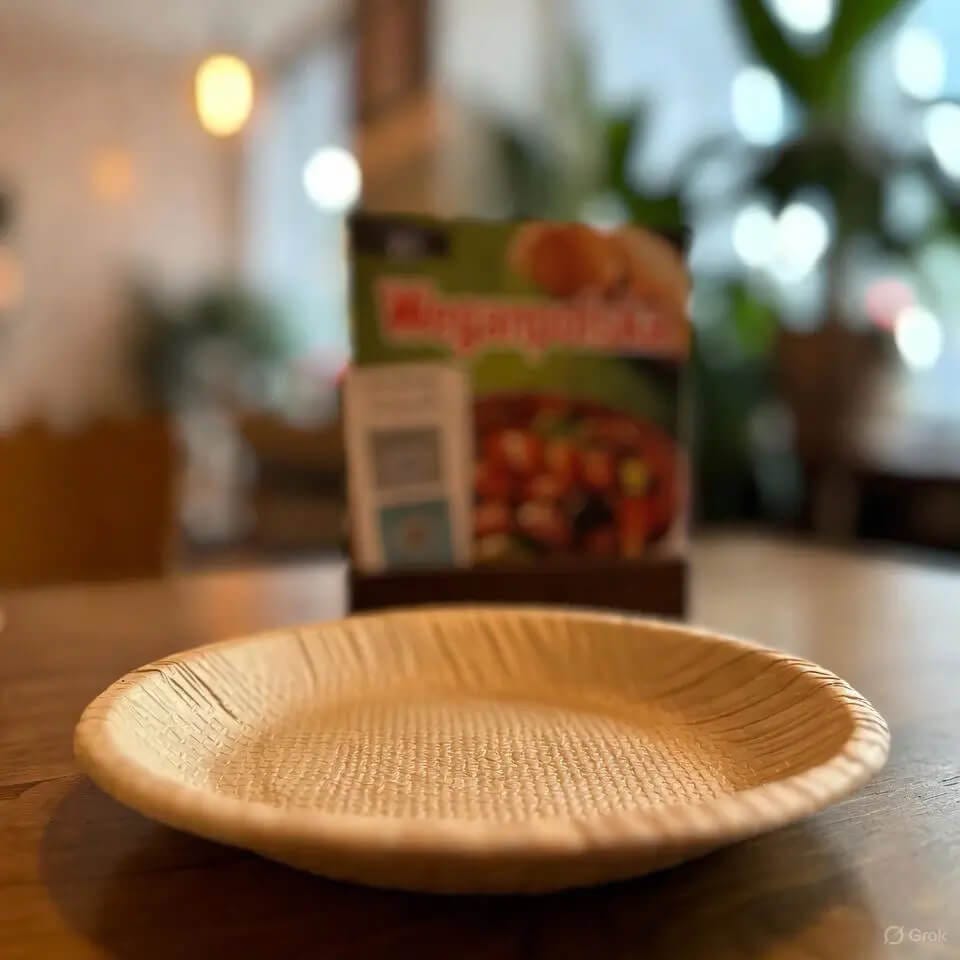 Biodegradowalny talerz z otrąb pszennych na stole w warszawskiej kawiarni – potencjalne źródło glutenu dla osób z celiakią; w tle rozmyte menu, z tekstem “Weganpolska” w rogu, podkreślającym ostrzeżenie.