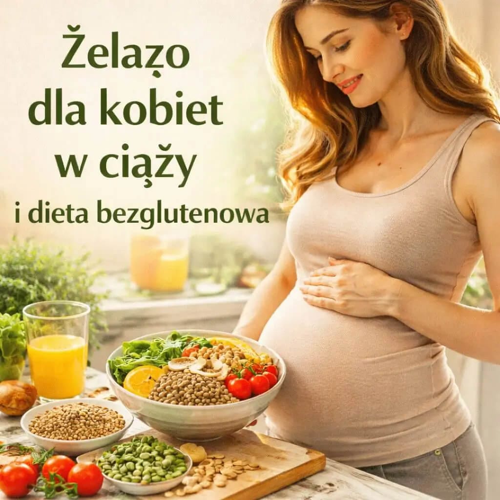 Żelazo dla kobiet w ciąży na diecie bezglutenowej – ciężarna kobieta z miską roślinnych produktów bogatych w żelazo