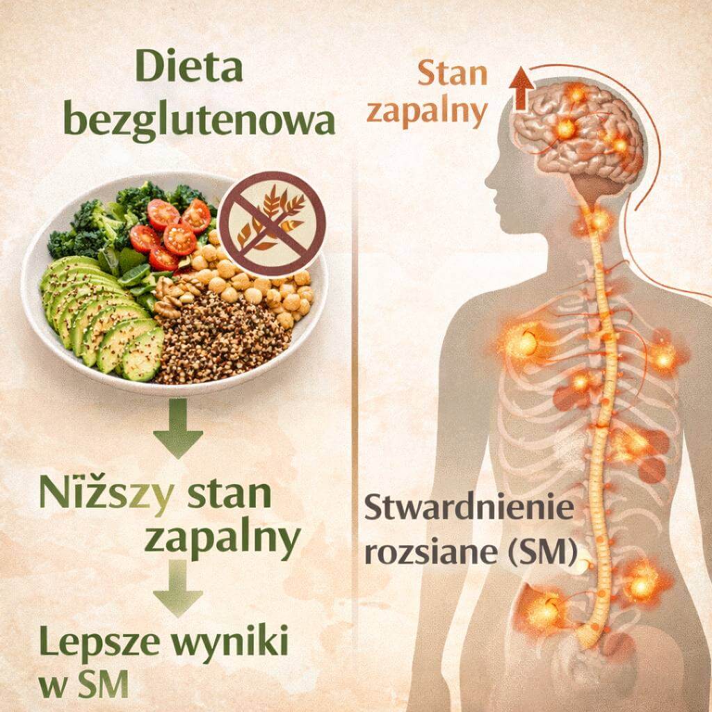 Dieta bezglutenowa a stwardnienie rozsiane – ilustracja pokazująca związek diety bezglutenowej z niższym stanem zapalnym i lepszymi wynikami w SM dieta bezglutenowa a stwardnienie rozsiane