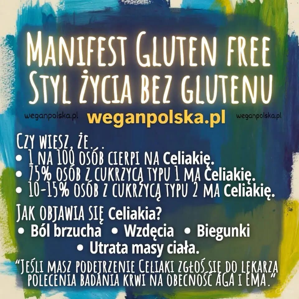 Abstrakcyjny manifest stylu życia bez glutenu – żółty napis z domeną weganpolska.pl na tle malarskich plam w odcieniach błękitu i zieleni.