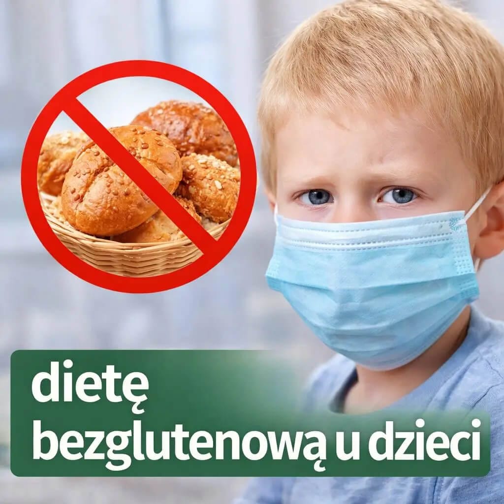 Dziecko w maseczce ochronnej obok koszyka z pieczywem oznaczonym symbolem zakazu, ilustracja ostrzegająca przed dietą bezglutenową u dzieci bez wskazań medycznych, ryzyko niedoborów witamin i składników mineralnych przy eliminacji glutenu bez diagnozy