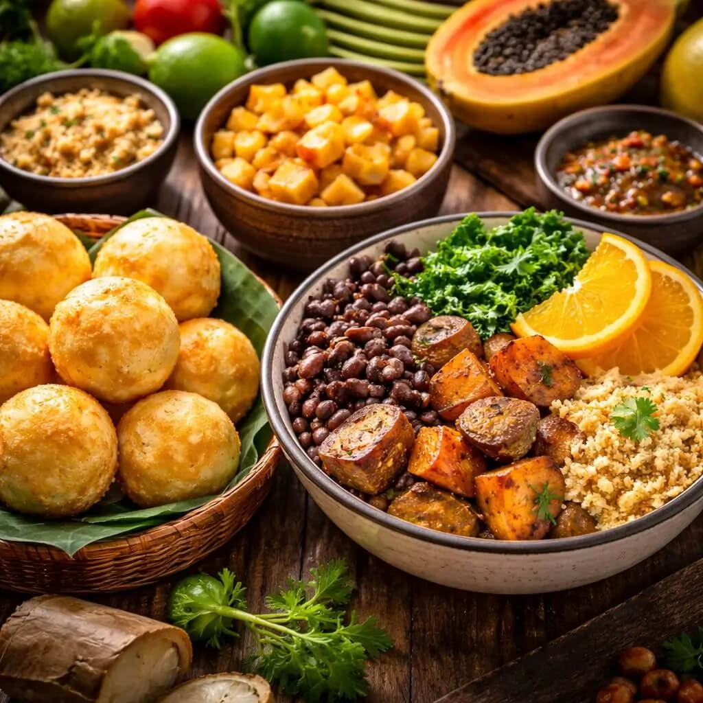 Kuchnia brazylijska wegetariańska – feijoada z czarnej fasoli, farofa i pão de queijo