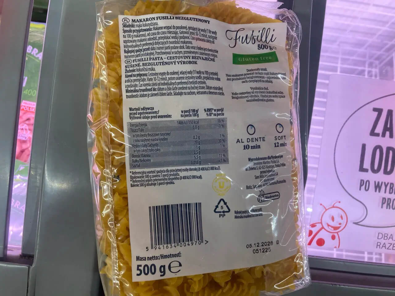Makaron fusilli bezglutenowy świderki z Biedronki 500g – skład, tabela kalorii i czas gotowania 2026 produkty bezglutenowe w Biedronce 2026