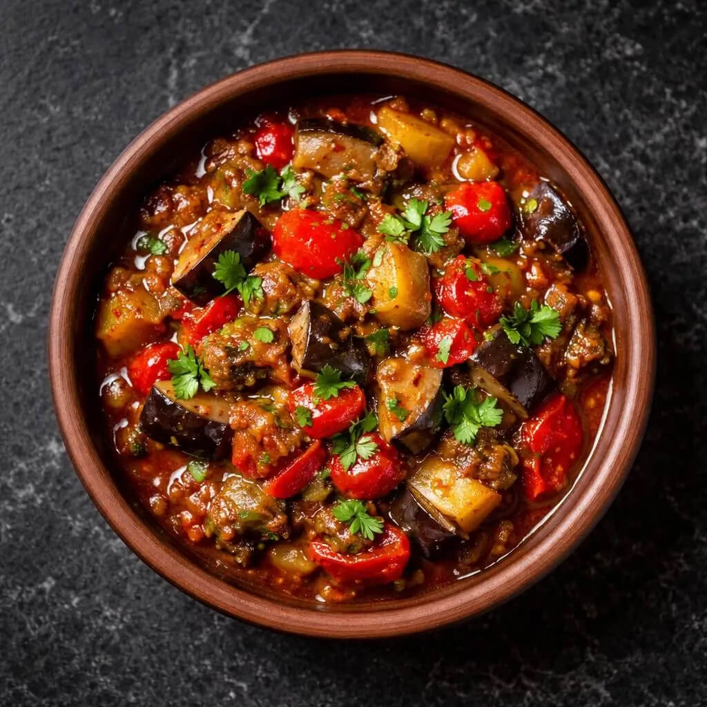 Azerbaijani vegetarian cuisine Ajapsandali served in a clay bowl on a black marble table