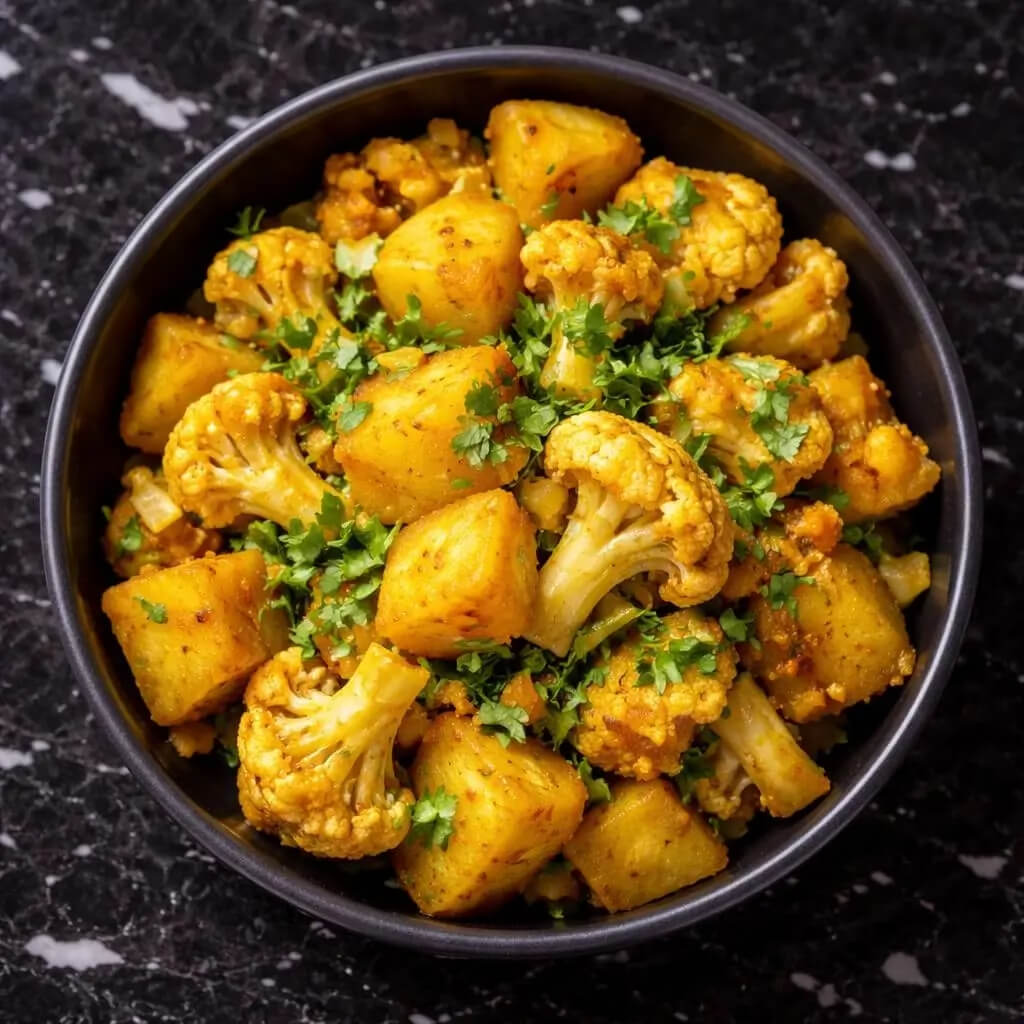 Aloo Gobi – świeżo przygotowane indyjskie danie wegetariańskie z ziemniakami i kalafiorem na czarnym marmurowym stole kuchnia wegetariańska Indii Vegetarian Cuisine of India