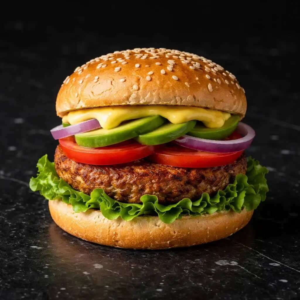 kuchnia wegetariańska w USA burger roślinny z warzywami na czarnym marmurowym stole