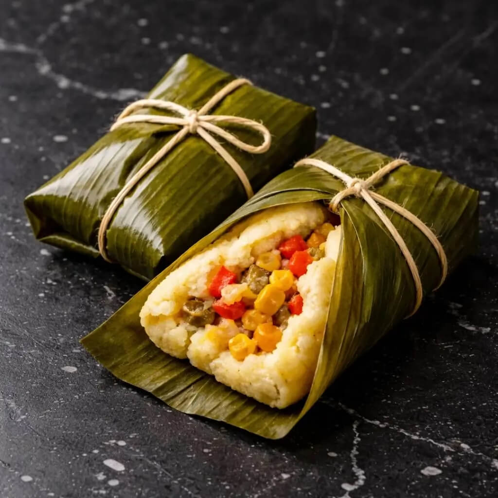 Tamales – tradycyjne danie kuchnia wegetariańska Kostaryki zawinięte w liście bananowca na czarnym marmurowym stole
