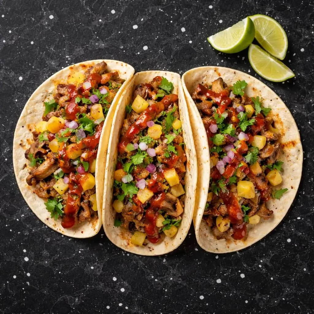 Kuchnia wegetariańska Meksyku – tacos wegetariańskie z boczniakami, ananasem i salsą na czarnym marmurowym stole
