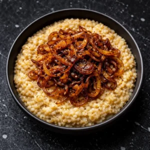 The Vegetarian Cuisine of Saudi Arabia jarish with caramelized onions on black marble table