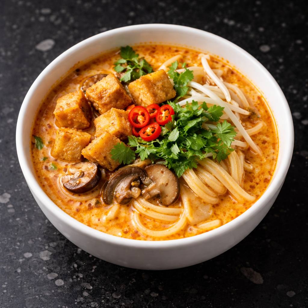 vegetarian cuisine of Singapore – vegan laksa with tofu, rice noodles and cilantro on a black marble table
