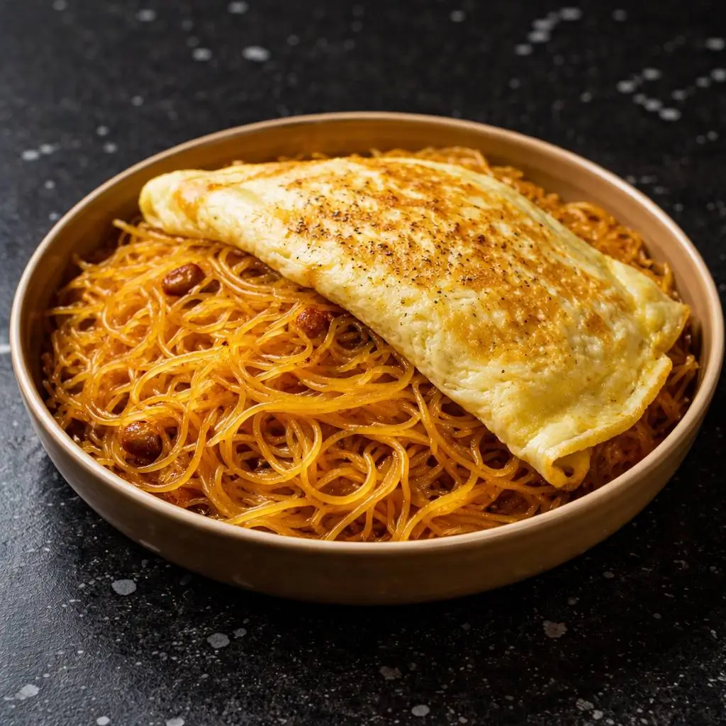 Vegetarian food in the UAE – traditional balaleet Emirati dish Vegetarian food in the UAE balaleet sweet vermicelli with omelette on black marble background