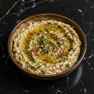 Libańska kuchnia wegetariańska baba ghanoush z wędzonego bakłażana na czarnym marmurze