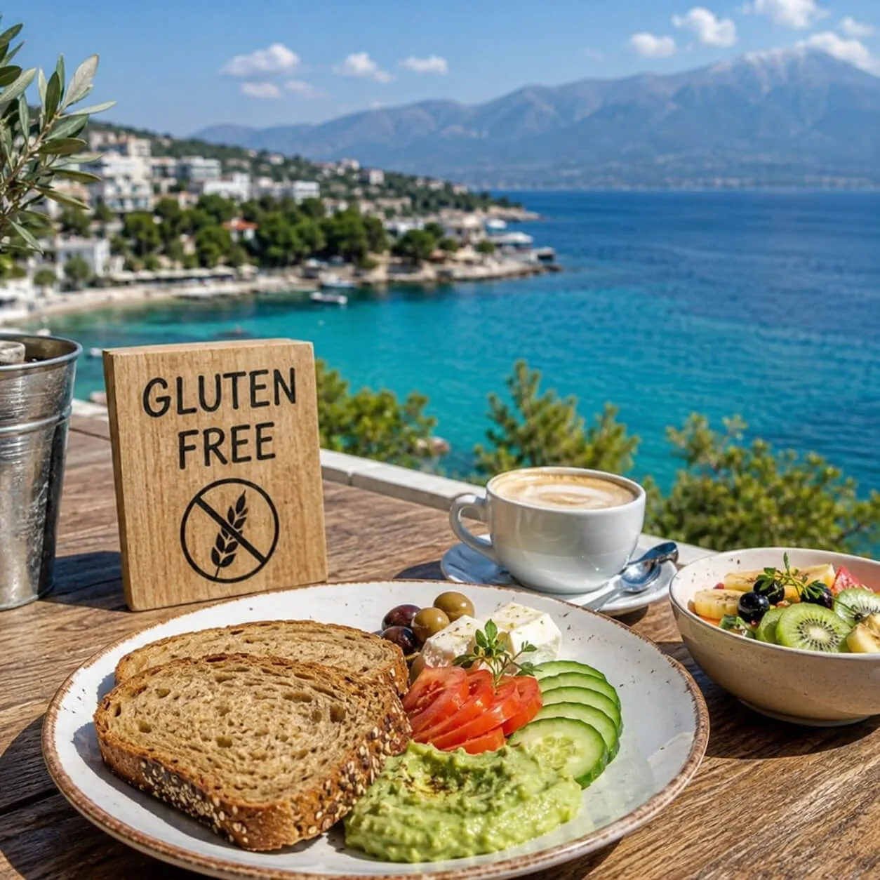 Albania bez glutenu – bezglutenowe śniadanie nad morzem z widokiem na albańskie wybrzeże