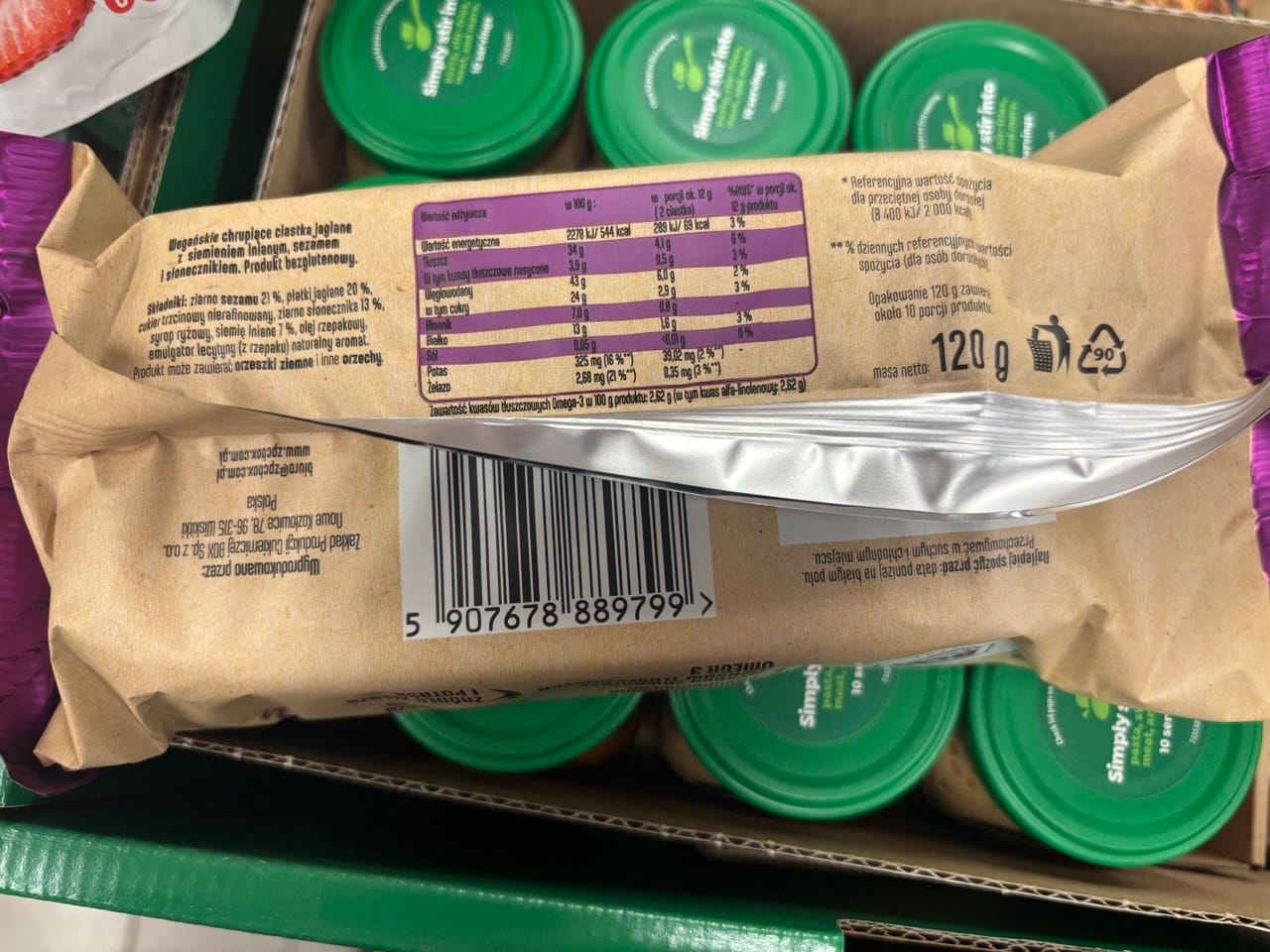 Tył opakowania ciasteczek jaglanych Box Vital z widoczną tabelą wartości odżywczych, kodem kreskowym, informacją o masie netto 120 g oraz składem produktu potwierdzającym brak glutenu. Produkty bezglutenowe w Netto.