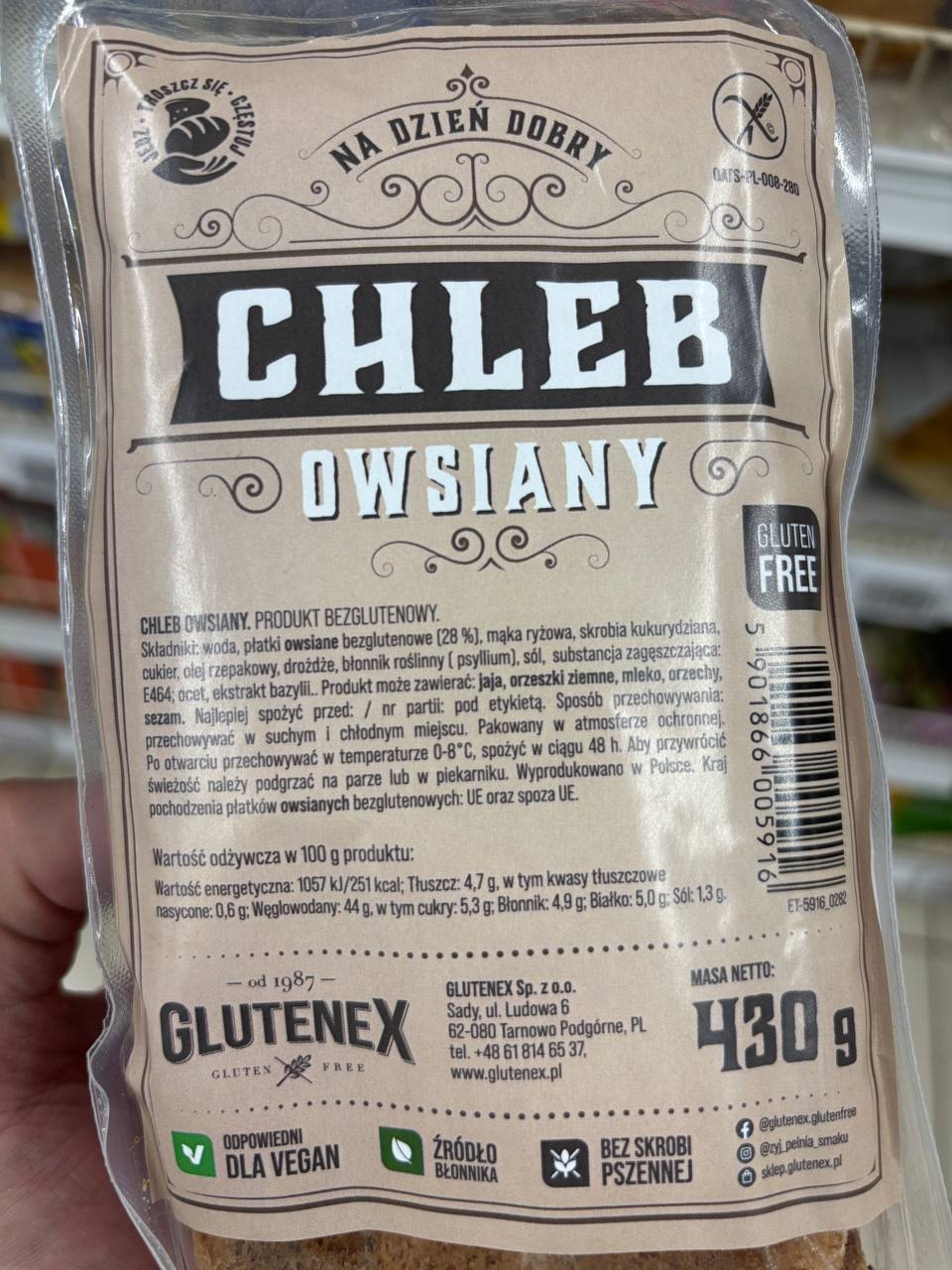 Chleb bezglutenowy Auchan Glutenex Chleb owsiany 430 g vegan