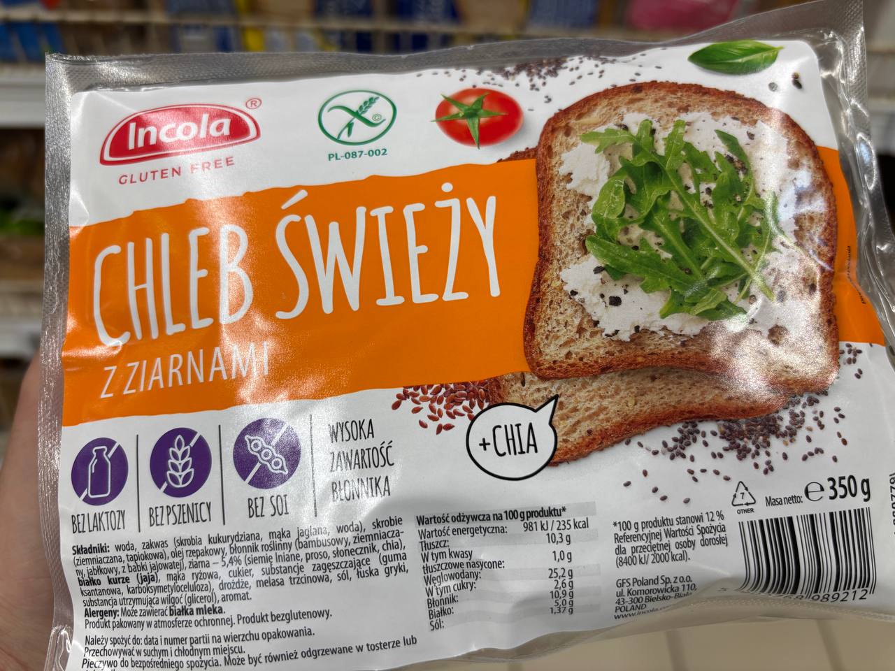 Chleb bezglutenowy Auchan Incola Chleb świeży z ziarnami bez laktozy i bez soi