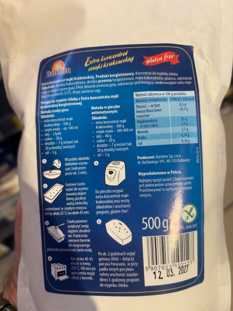 Skład mieszanki do chleba bezglutenowego Balviten Extra Koncentrat Mąki Krakowskiej