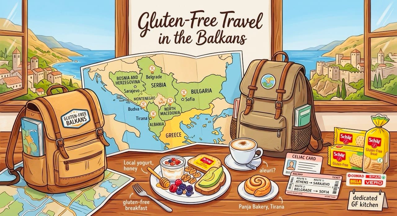 Illustration for 'Gluten-Free Travel in the Balkans' guide with map and food.