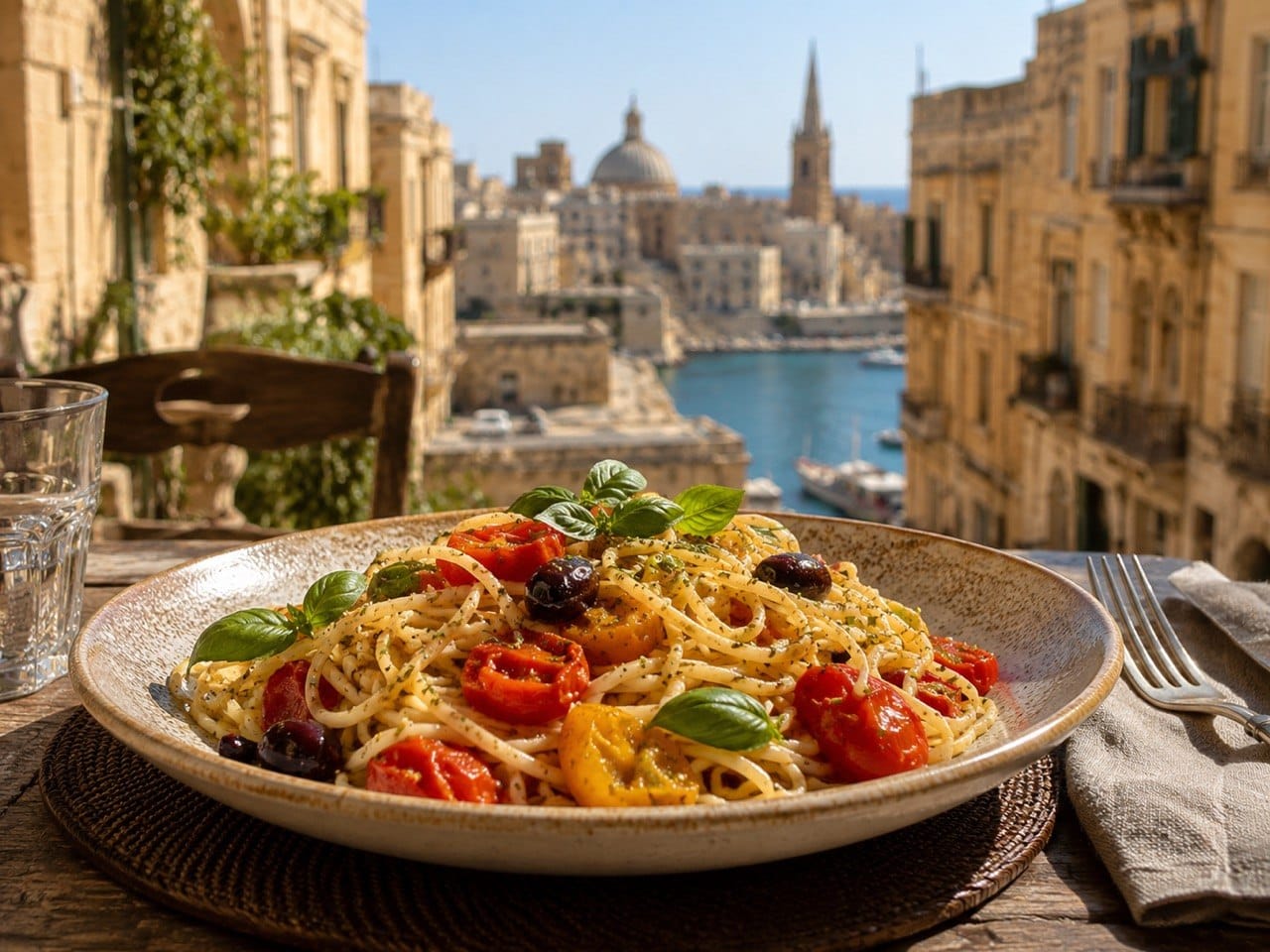 A plate of gluten-free vegan pasta with cherry tomatoes, olives, and basil served on an outdoor table overlooking the harbor and historic limestone buildings of Valletta, Malta.