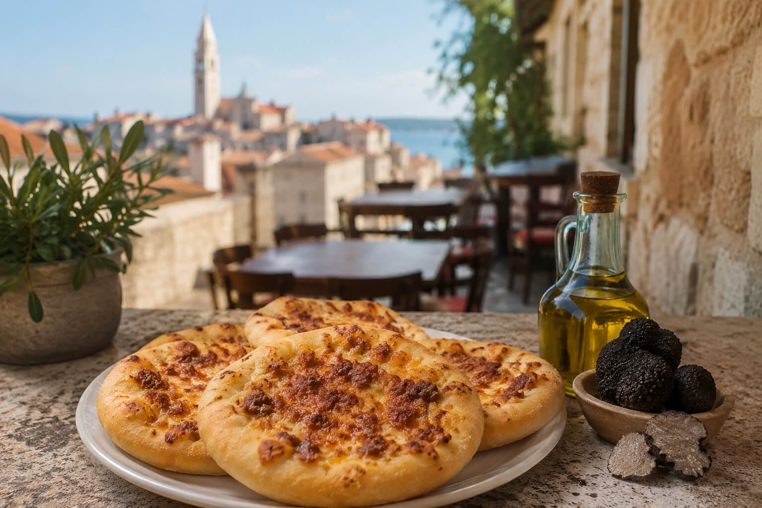 Bezglutenowa wegetariańska pizza, świeże trufle i oliwa z oliwek na stole z widokiem na chorwackie miasto. Ilustracja do przewodnika Istria bez glutenu.