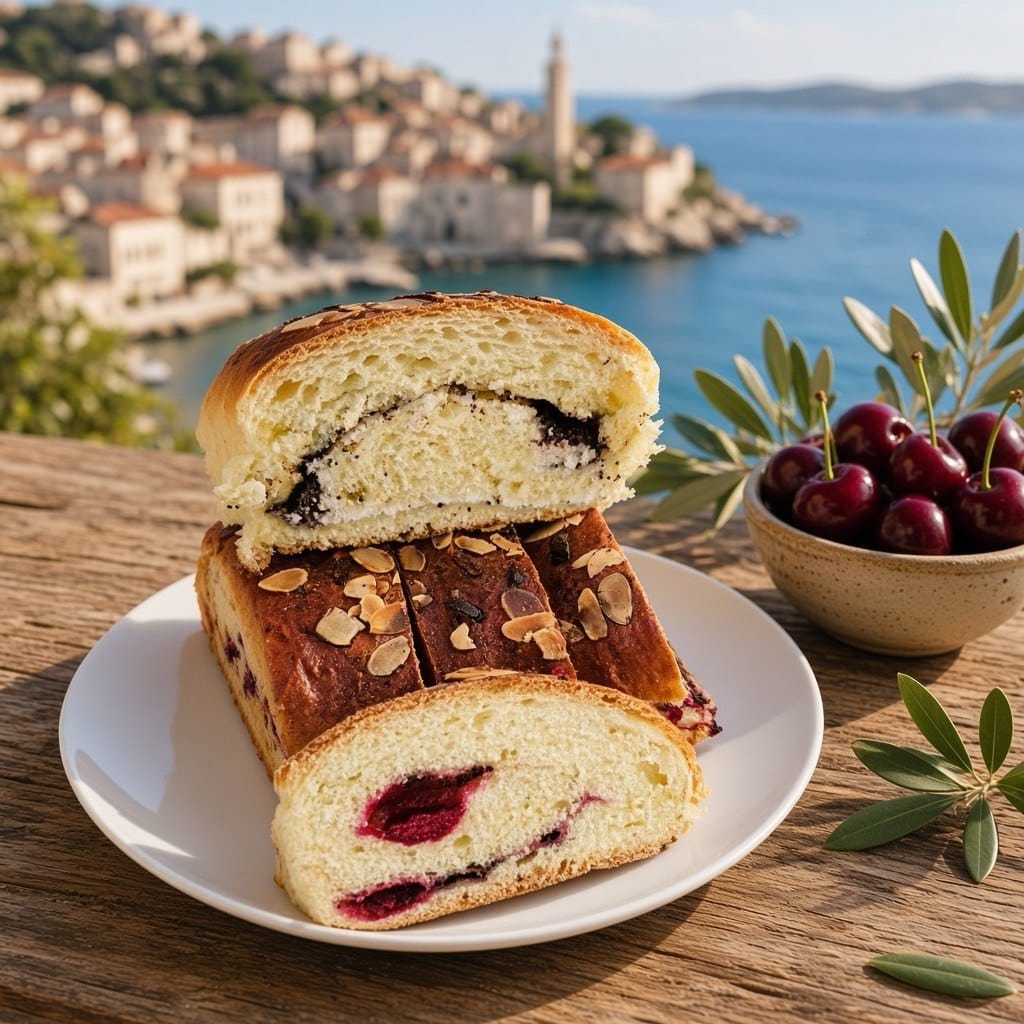 Bezglutenowe i wegetariańskie wypieki z wiśniami na tle wybrzeża Dalmacji. Ilustracja do przewodnika Split bez glutenu.