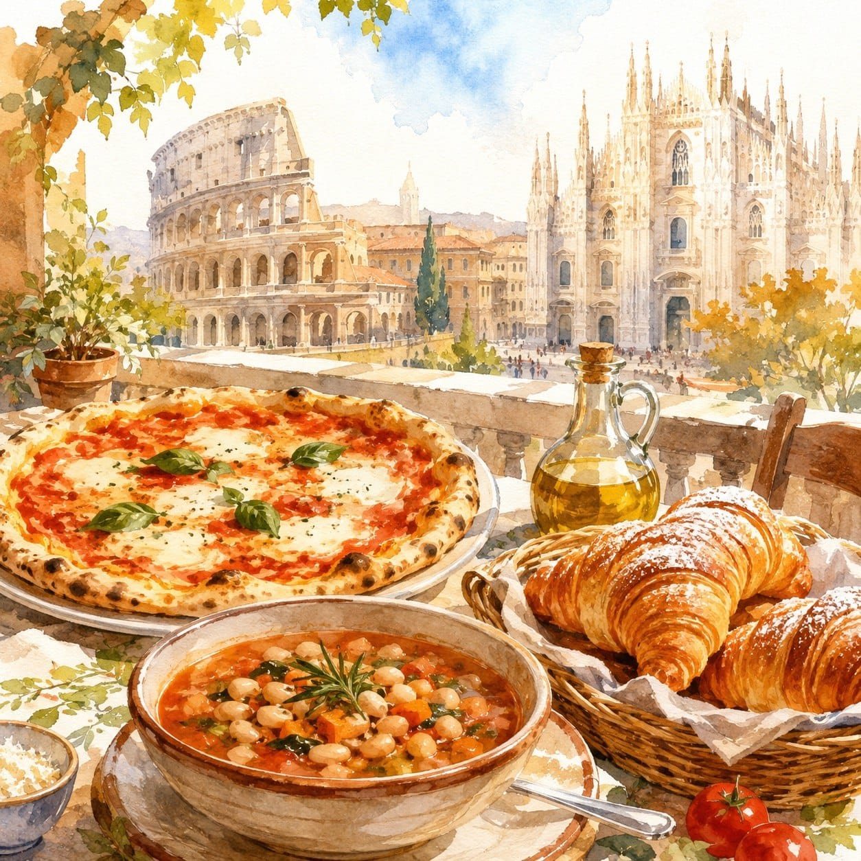 Akwarelowa ilustracja przedstawiająca stół z pizzą neapolitańską, toskańską zupą i rogalikami na tle Koloseum i katedry w Mediolanie. Włochy bez glutenu.