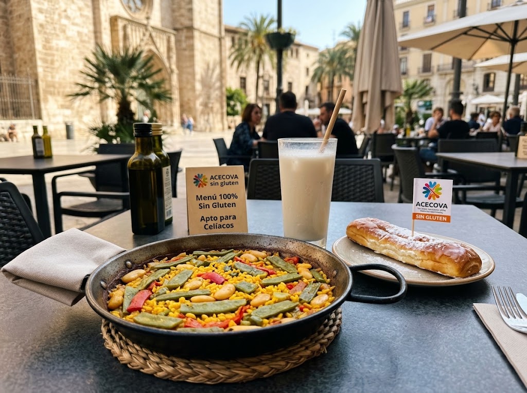 Wegańska paella i bezglutenowa horchata z fartonem w certyfikowanej restauracji ACECOVA w Walencji.