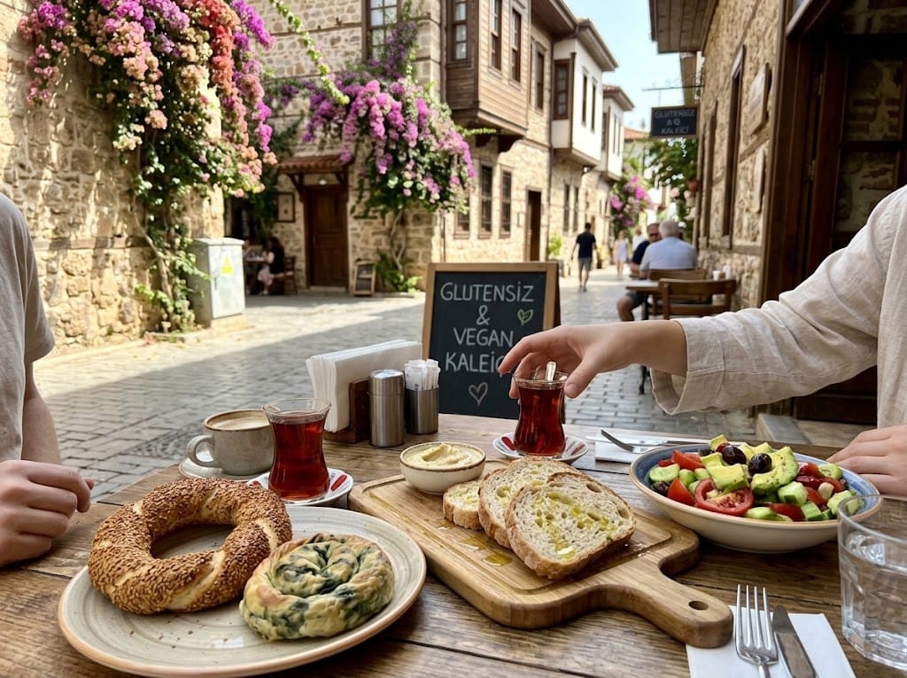 Wegańskie i bezglutenowe potrawy, simit, sałatka i turecka herbata w kawiarni w Kaleiçi, Antalya.