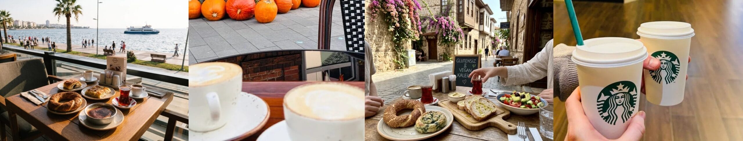 Seaside dining, coffee cups, and a Glutensiz & Vegan cafe sign in gluten-free Turkey.