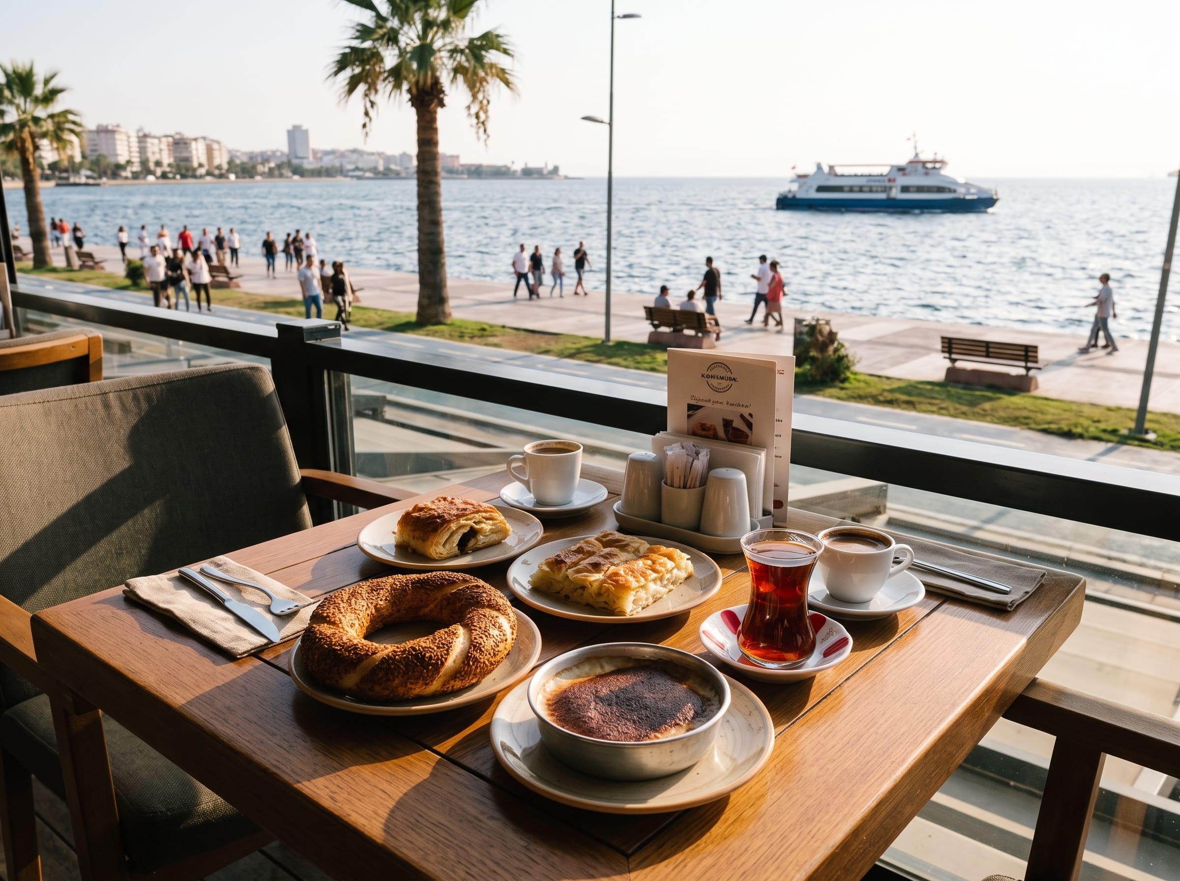 Bezglutenowe tureckie jedzenie (simit, börek, kazandibi) na stoliku kawiarni w Bostanlı z widokiem na zatokę w Izmirze i przepływający prom İZDENİZ
