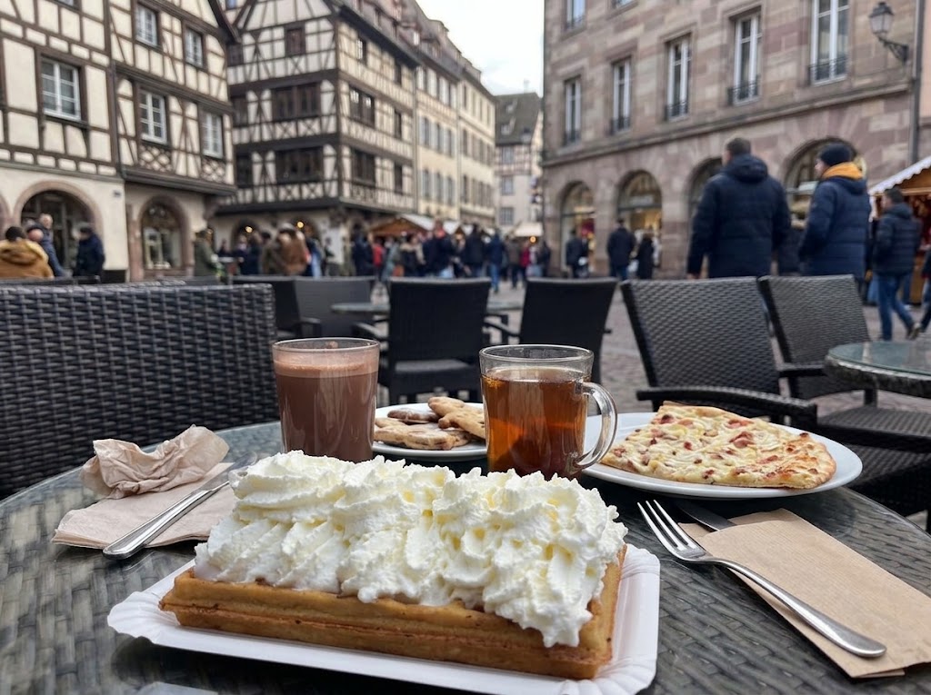 Gluten free Strasbourg waffle with whipped cream and tarte flambée on a cafe terrace.